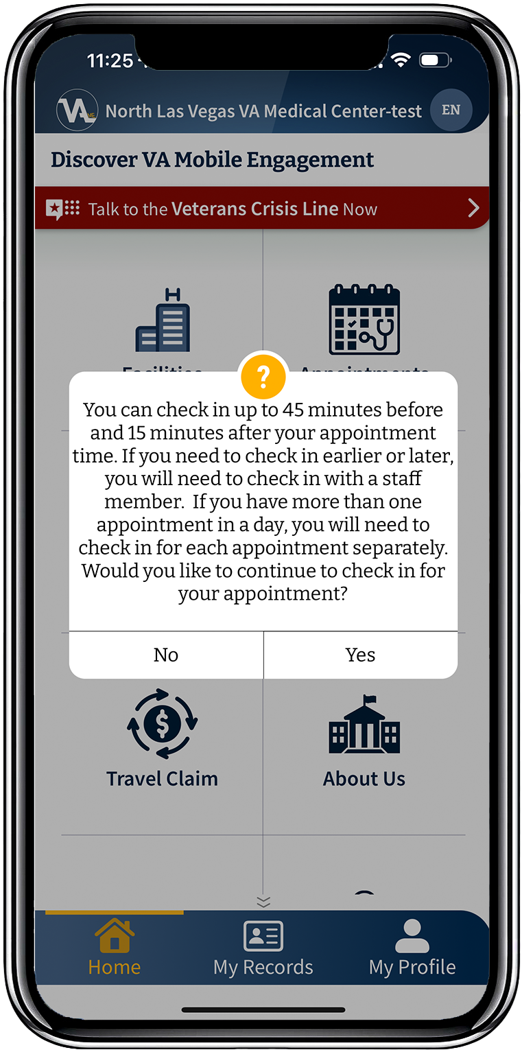 VA Mobile Engagement appointment check-in confirmation screen
