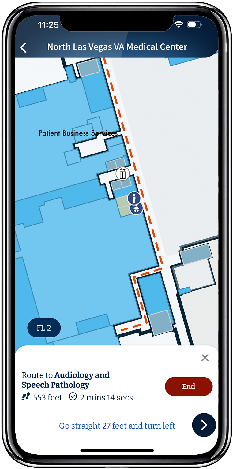 Indoor wayfinding route to Audiology and Speech Pathology on floor 2