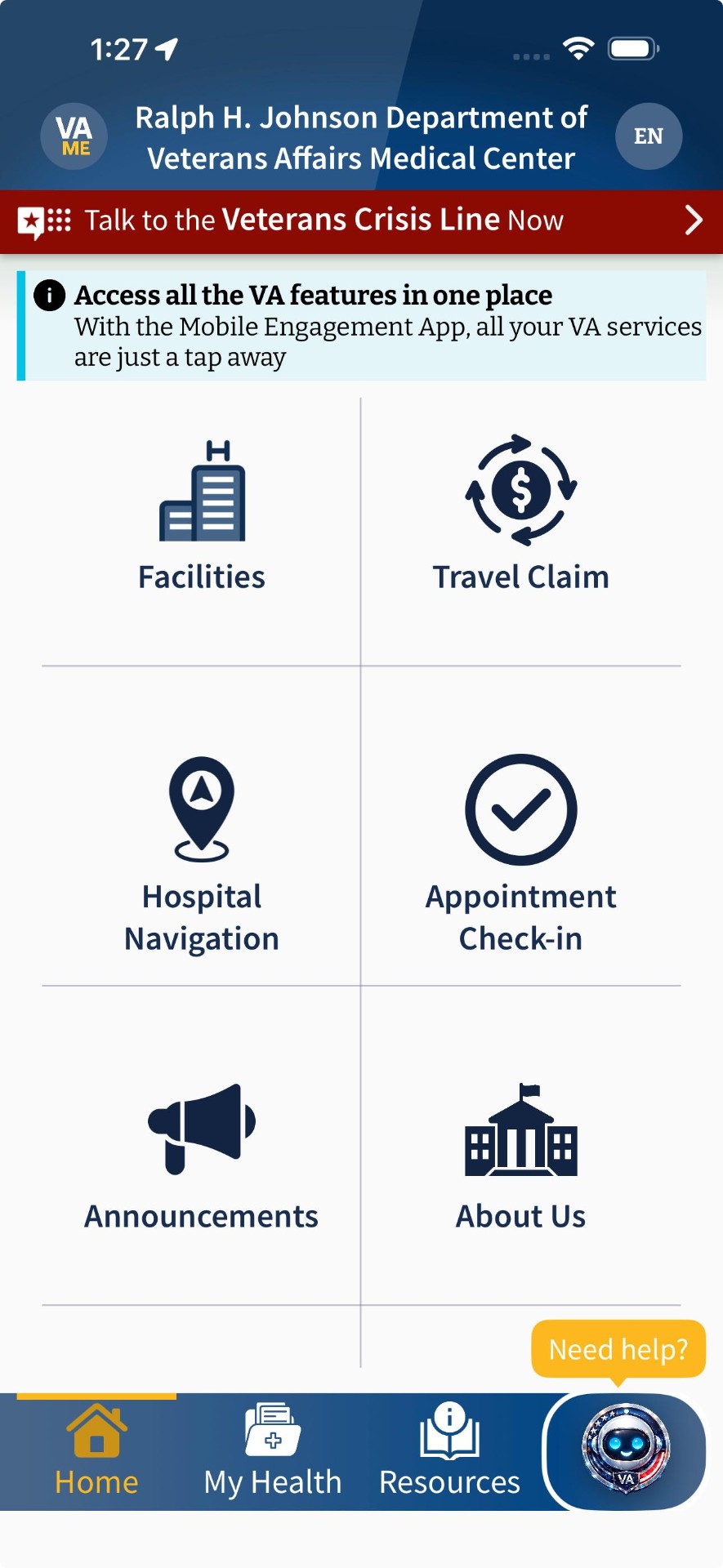 VA Mobile Engagement App home screen showing Facilities, Travel Claim, Hospital Navigation, Appointment Check-in, Announcements, and About Us